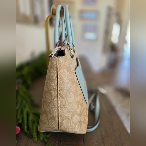 Coach Emma Satchel Crossbody Signature Coated Canvas Light Blue Leather Accents - Picture 5 of 15